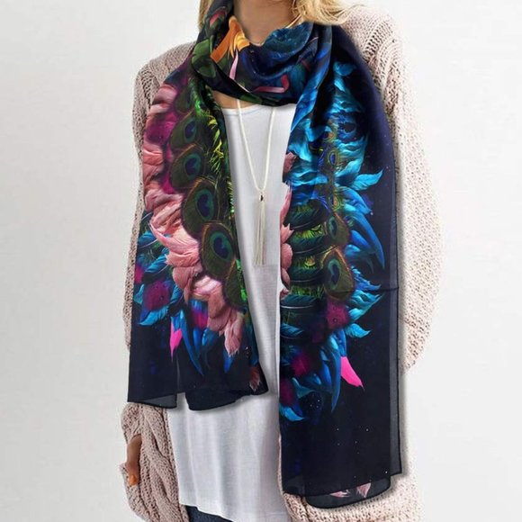 Peacock Feathers, Pink Rose & Wings Long Pure Silk Scarf - Picture 12 of 17